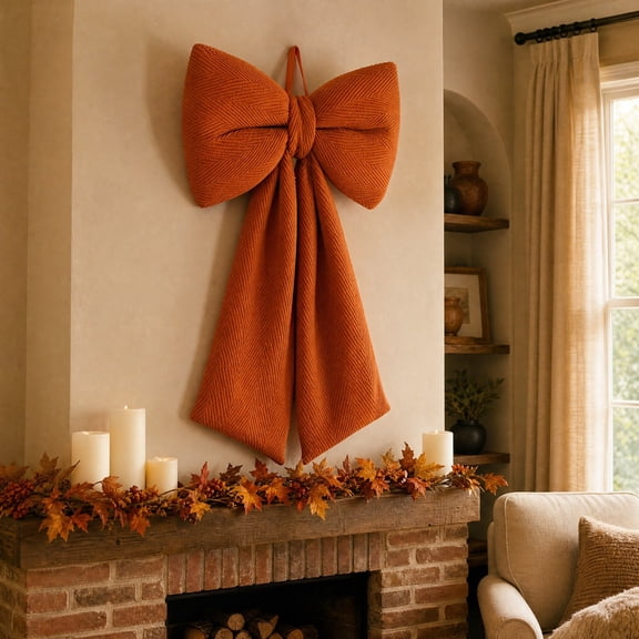 Oversized Orange Fall Decorative Bow, Large Mantel Garland Bow Ornament for Halloween Thanksgiving Autumn Harvest, Farmhouse Front Door Wall Porch Decor