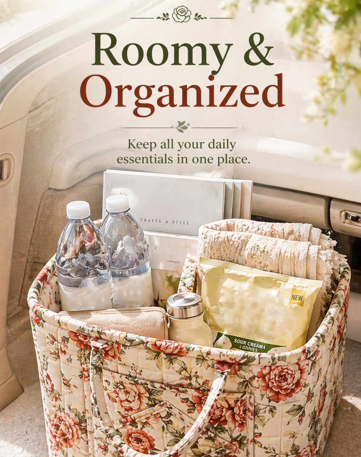 Car Storage Basket Organizer, Large Capacity Foldable Car Organizer with Handles, Quilted Fabric Auto Storage Bin for Trunk, Back Seat, Road Trips, Groceries, Toys & Accessories (Style-A)