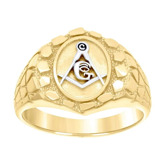 10k Two-tone Gold Mens Masonic Symbol Nugget Ring 15.1x15.1mm Wide Ring for Men - 4.6 Grams