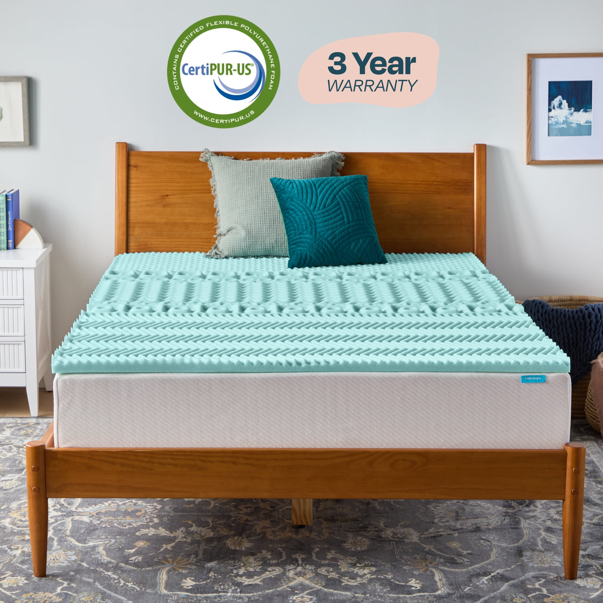 Linenspa 1.5" 7-Zone Cooling Gel and Green Tea Infused Memory Foam Mattress Topper, Queen
