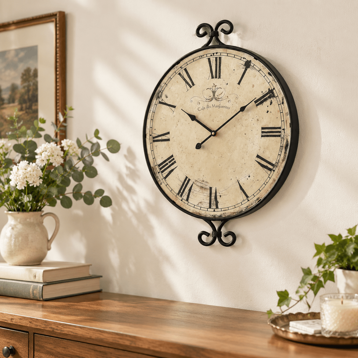 Farmhouse Wall Clock Wrought Iron Frame With Retro Finish 17h*13.4d Inch Vintsilent Operated Clocks For Living Room Kitchen Bedro