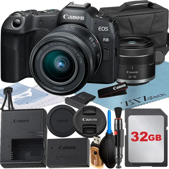 Canon EOS R8 Mirrorless Camera with RF 24-50mm Lens + 32GB Memory Card + Case + LED Flash + ZeeTech Accessory Bundle