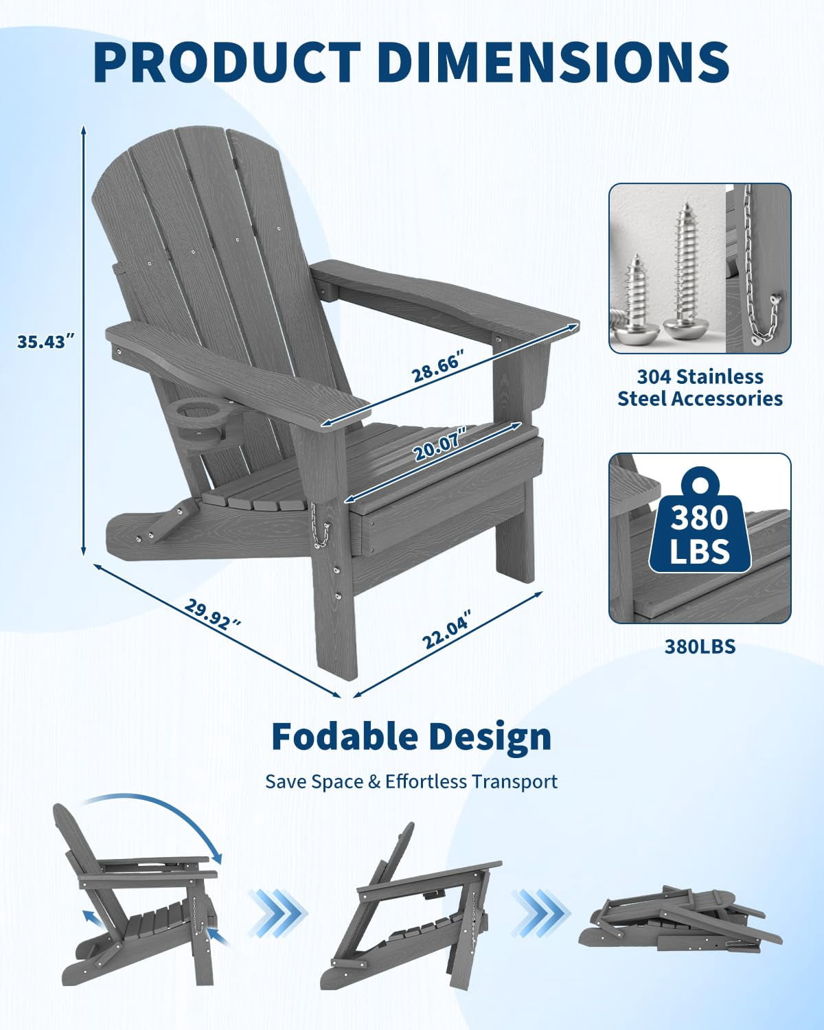 Danolapsi Folding Adirondack Chair, HDPE Outdoor Patio Chair with Cup Holder, All-Weather Wooden Textured Resistant for Backyard, Lawn, Garden, Fire Pit,Easy Assembly