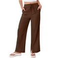 thumbnail image 6 of Nestiefly Cotton Linen Pants for Women Summer Drawstring High Waisted Palazzo Pants with Pockets Casual Wide Leg Linen Trouser Coffee 3XL, 6 of 7