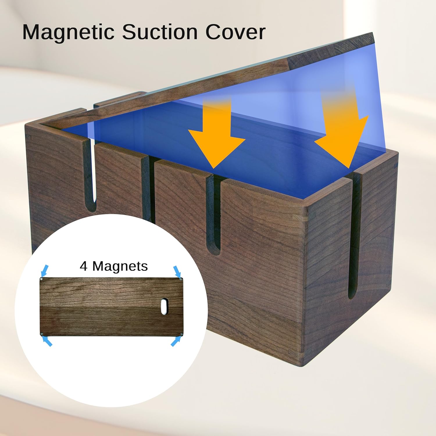 Elitzia Natural Walnut Wood Cable Management Box Desk Wire Organiser with Magnetic Cover for Hiding Messy Cables Cord Storage Tidy Box Suitable for Home Office Computer Desk TRPB02