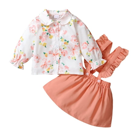 

Kucnuzki 3T Toddler Baby Girl Winter Skirt Set 4T Toddler Girl Long Sleeve Floral Prints Lapel Cozy Tops Suspender Flowing Skirt 2PCS Set Pink