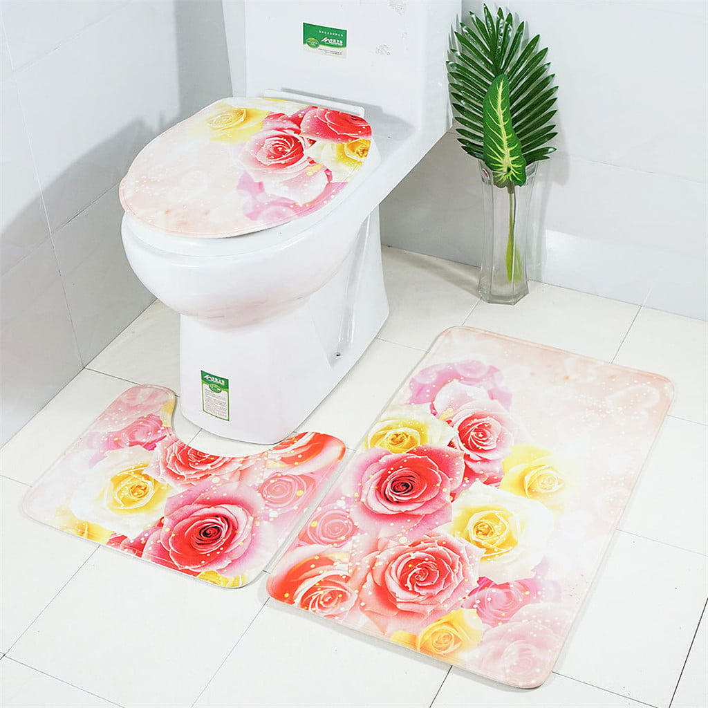 【JCXAGR】 Rose Petal Series Printed Toilet Floor Mat Three-piece ...