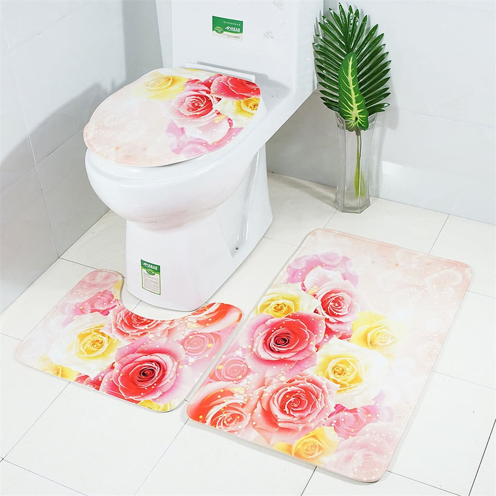 【JCXAGR】 Rose Petal Series Printed Toilet Floor Mat Threepiece