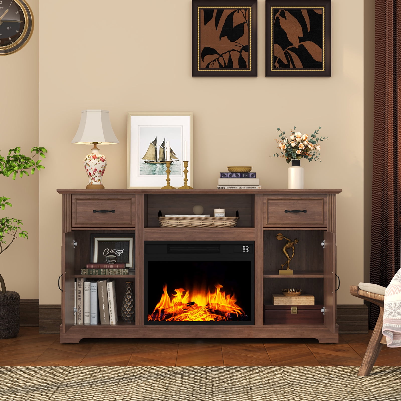 HLR Modern Fireplace TV Stand for TV up to 65'', Entertainment Center with Storage for Living Room, Brown