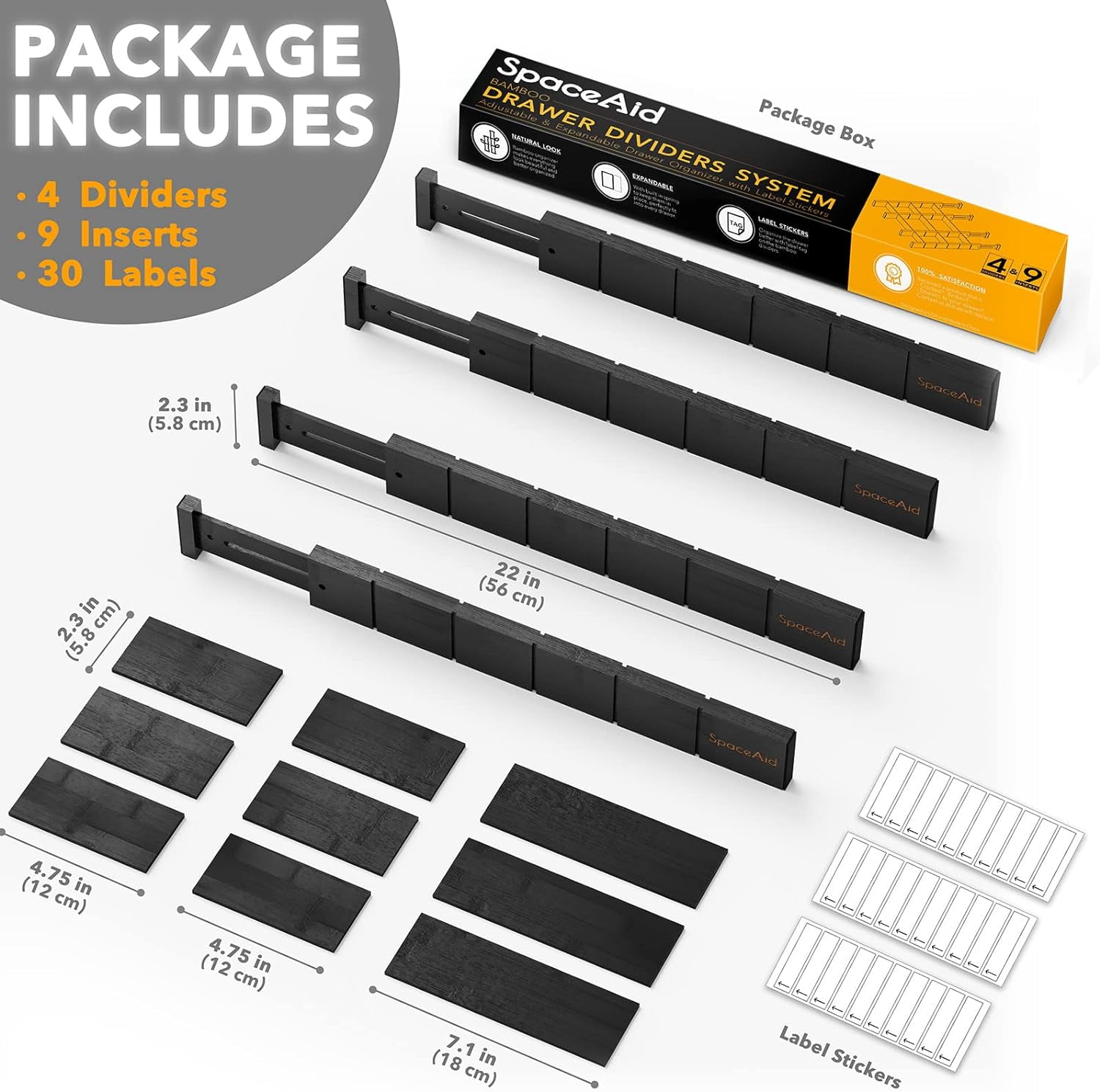 SpaceAid Bamboo Kitchen Organizer Drawer Dividers, Expandable(17-22 in), 17"L x 0.6"W x 2.6"H, Black