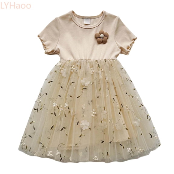 LYHaoo Toddler Children Girls Short Sleeve Flowers Prints Dresses Mesh Dress Clothes,Dresses for School Casual Sizes 2-3 Years Beige