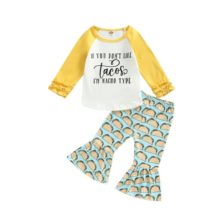 

Calsunbaby Kids Toddler Girls Trousers Sets Long Sleeve Letters Print Tops Taco Print Flare Pants Casual Outfits Yellow 12-24 Months