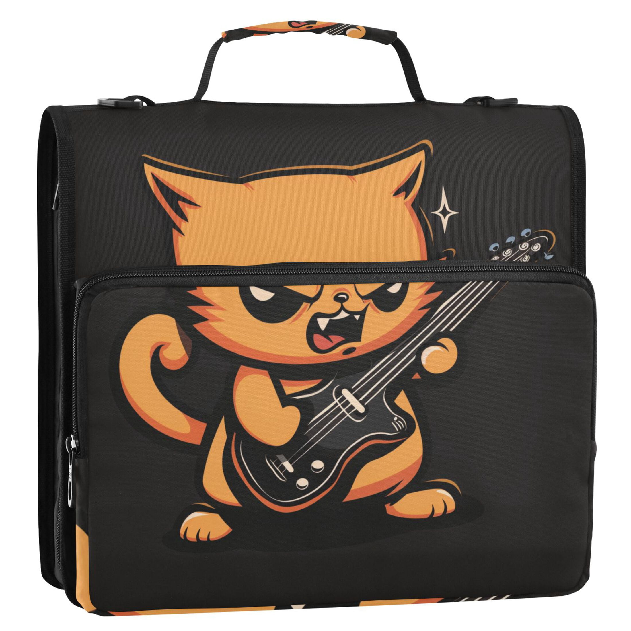 3 Ring Zipper Binder with Shoulder Strap Waterproof Trapper Keeper 2 Inch D-Ring 500 Sheets Capacity Angry Cat Playing Guitar
