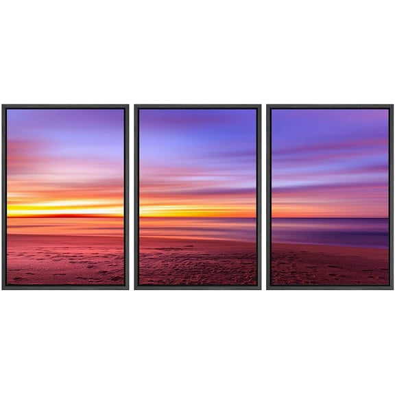 wall26-3 Panel Framed Canvas Wall Art - Beautiful Landscape with Colorful Lights by The Beach at Sunset Time - Giclee Print Gallery Wrap Modern Home Art Ready to Hang - 24"x36"x3 BLACK
