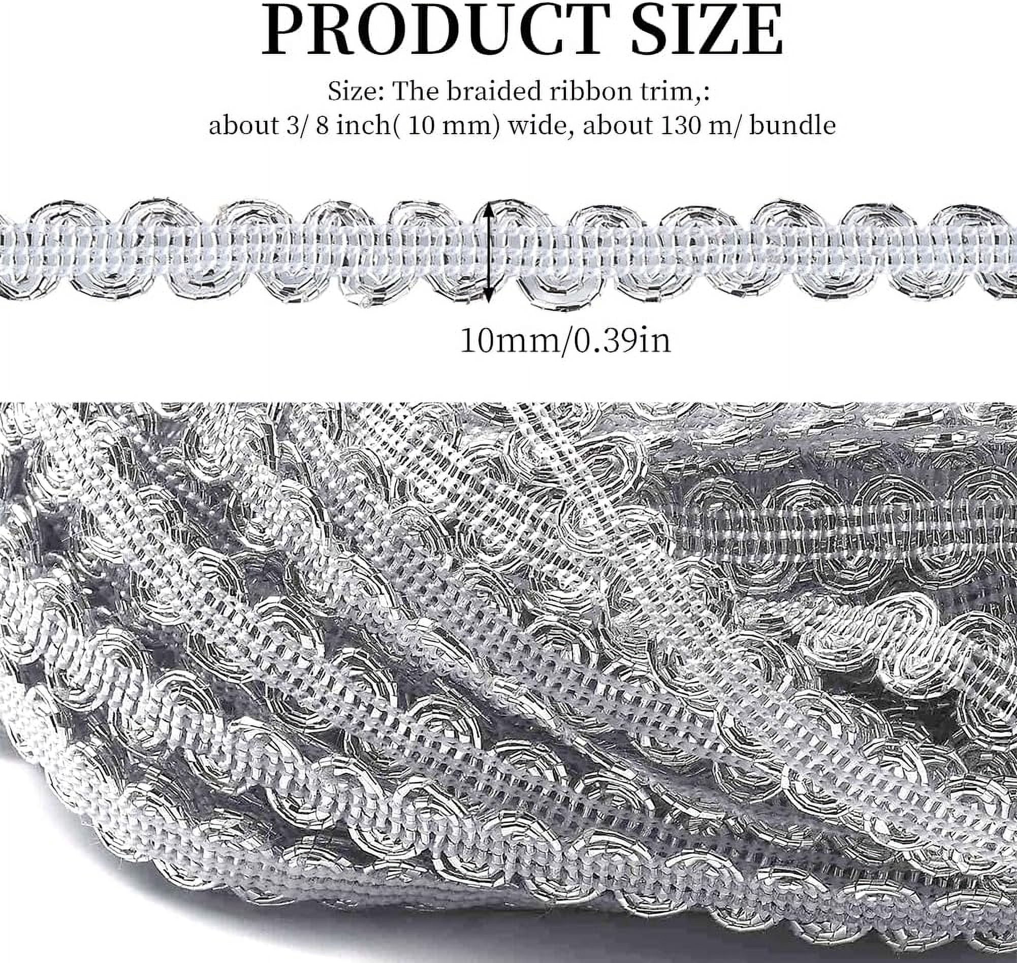 140 Yards 3/8 Inch Metallic Braid Lace Trim Flower Pattern Silver Lace Ribbon Decorated Gimp Trim for Sewing Making Wedding Bridal Costume Jewelry Crafts Upholstery Curtain Home Decor Supply Gray