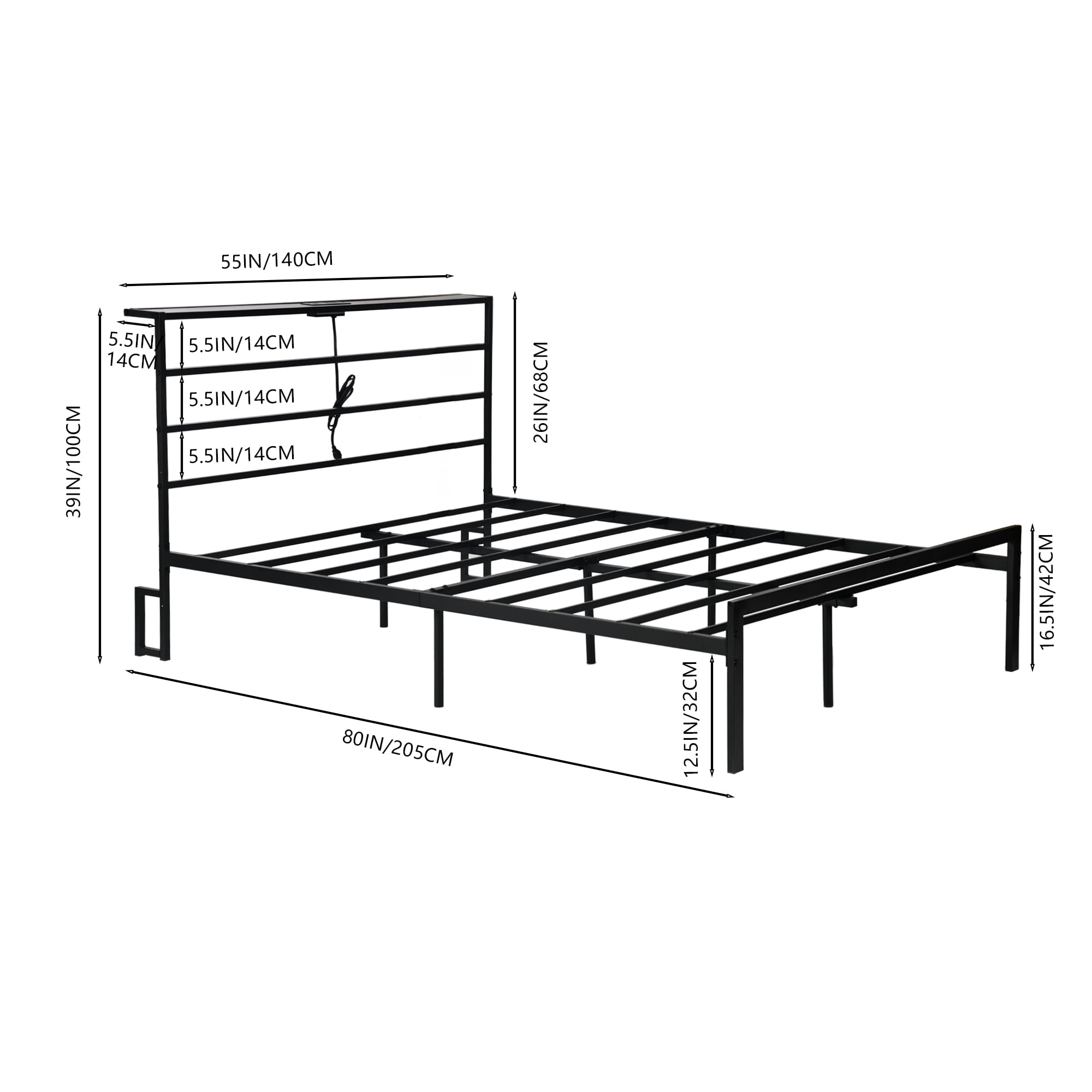 Homy Casa Full Size Metal Bed Frame with Headboard, Built-in Power Outlet, Sturdy Support for Single Beds, Black
