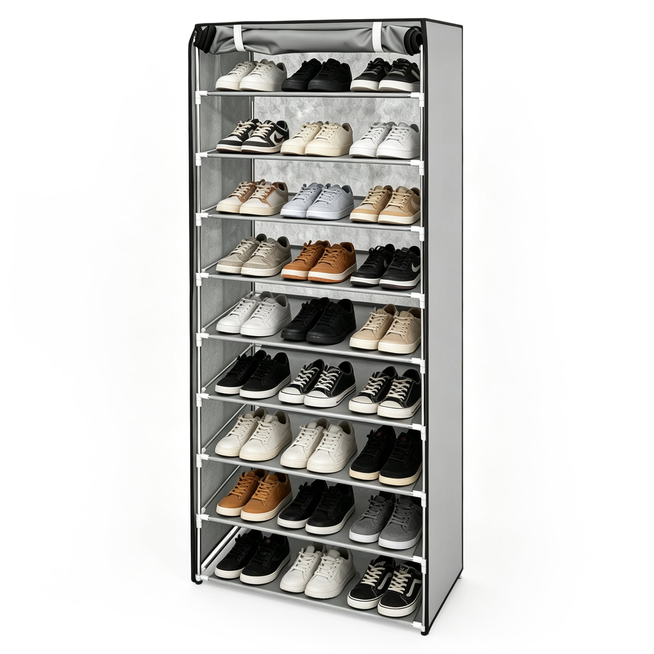 10 Tier Shoe Rack with Dustproof Cover, Tall Shoe Storage Organizer for 27 Pairs, Removable Shelves, Space-Saving Shoe Cabinet for Entryway Bedroom Closet, Grey