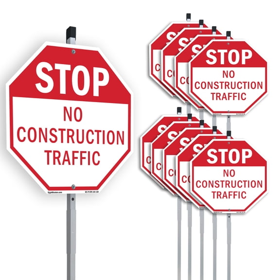 Stop No Construction Traffic (10 Pack) 10 inch X 10 inch Octagon Plastic Signs with Aluminum Mounting Stakes Weather Resistant UV Protected for Workplace Private Property and