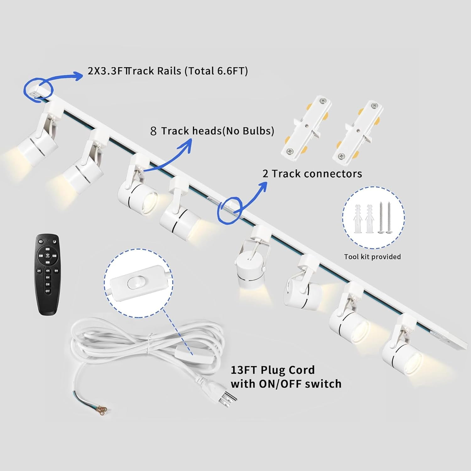 Fuyo Up Plug in Track Lighting with Power Cord, 8-Light LED Track Lighting Kit with 6.6FT H Type Track Lighting Rails, Modern Kitchen LED Track Lighting Fixtures Ceiling Spot Light, White