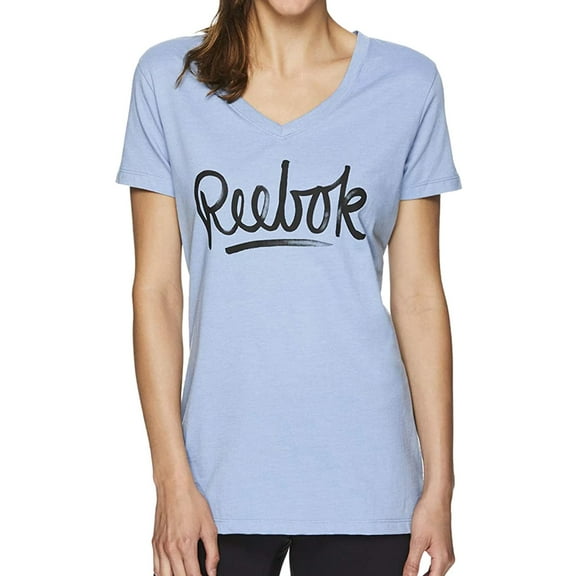 Reebok Womens V-Neck Script Logo Graphic T-Shirt