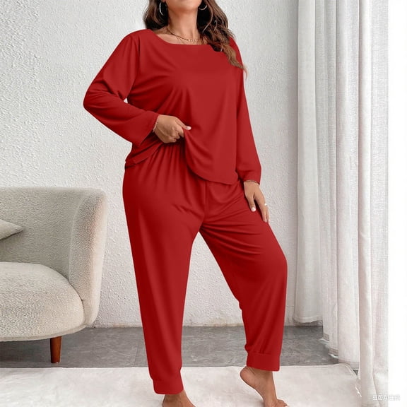 Baeitkot Women's Plus Size Pants Home Suit Set Women's Plus Size Fashionable Solid Color Long Sleeved Pants Casual Home Suit Set Red XXXXL