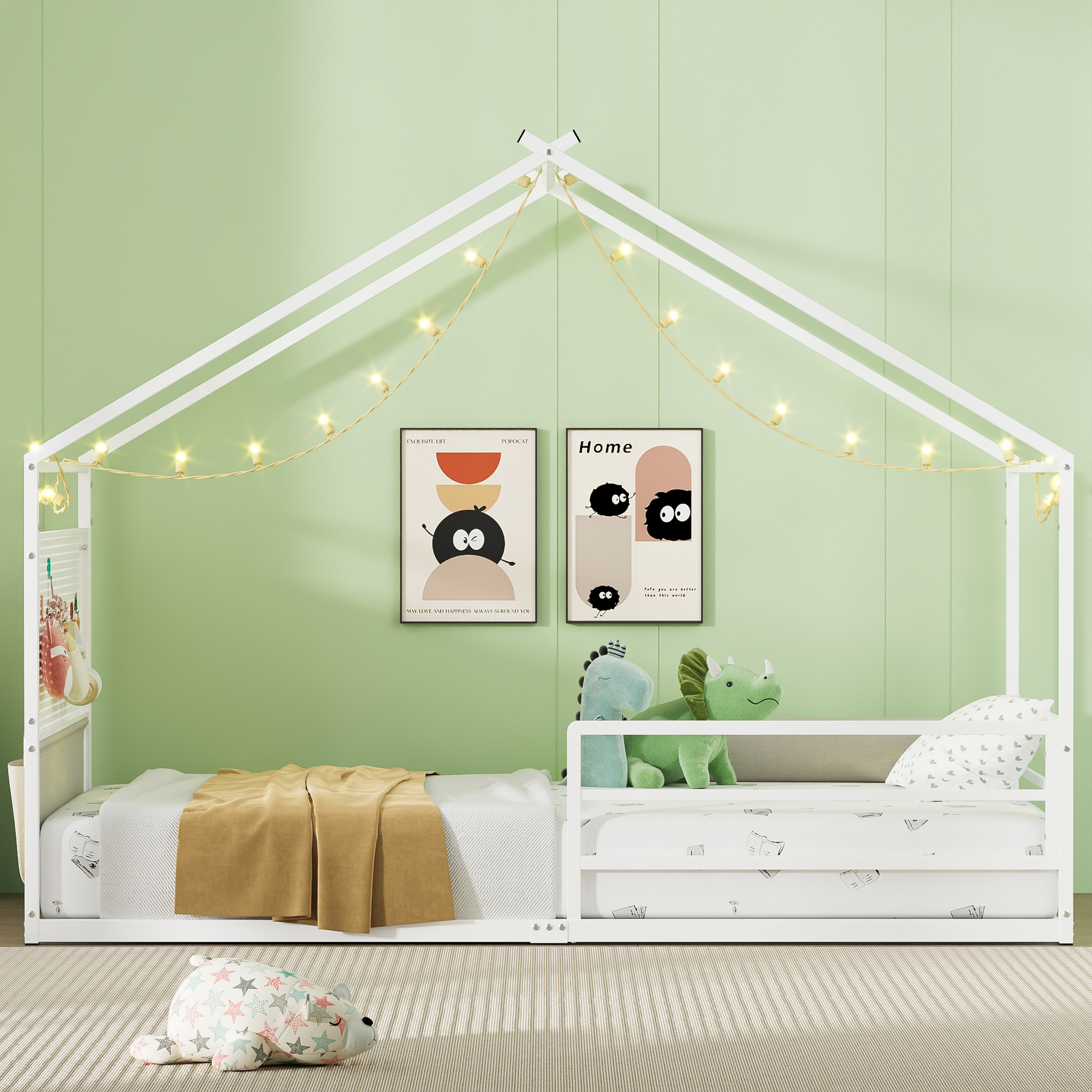 Yoneston Twin Floor Montessori Bed with Storage Caddy & Pegboard, House Shape Metal Floor Bed with Guardrails for Toddlers Kids Boys Girls, White