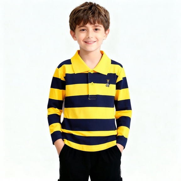 ITSAME Boys Polo Shirt, Lapel Striped Print Long Sleeve Sport Casual Pullover for Kids Yellow 10-11T