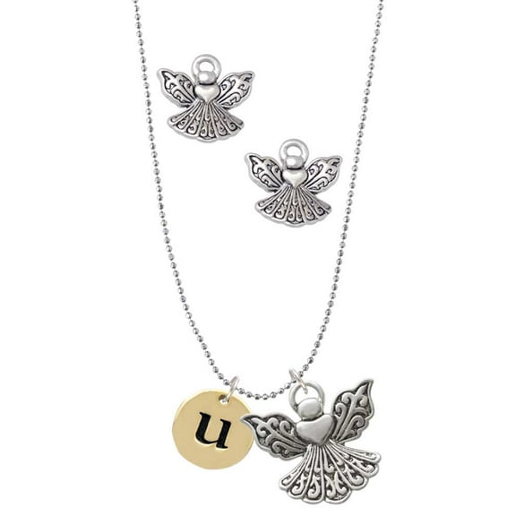 Delight Jewelry Goldtone Disc 1/2'' Initial - u - Silver tone Guardian Angel Charm Necklace and Stud Earrings