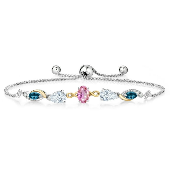Gem Stone King 925 Silver and 10K Yellow Gold Pink Sapphire White Moissanite London Blue Topaz and Lab Grown Diamond Tennis Bracelet for Women By Keren Hanan (1.80 cttw, Adjustable up To 9 inch)