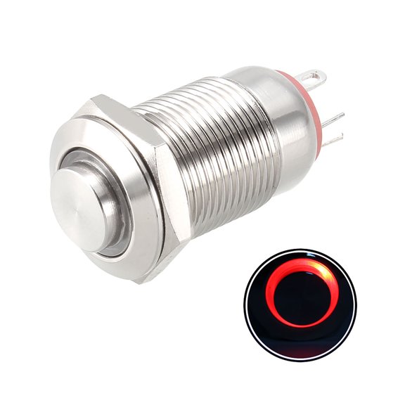 Interruptor de botón pulsador de metal de enclavamiento Uxcell Cabeza alta 12mm Diámetro de montaje 1NO 3-6V Luz LED roja