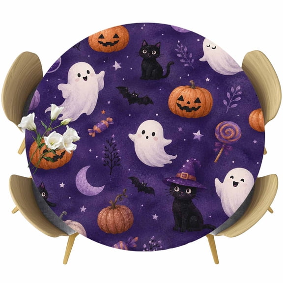 Round Table Cover 36-44 Inch Pumpkins Halloween Waterproof Reusable Table Cloth Round Fitted Vinyl Tablecloth with Elastic Edged for Parties Outdoors, Purple Orange Botanical