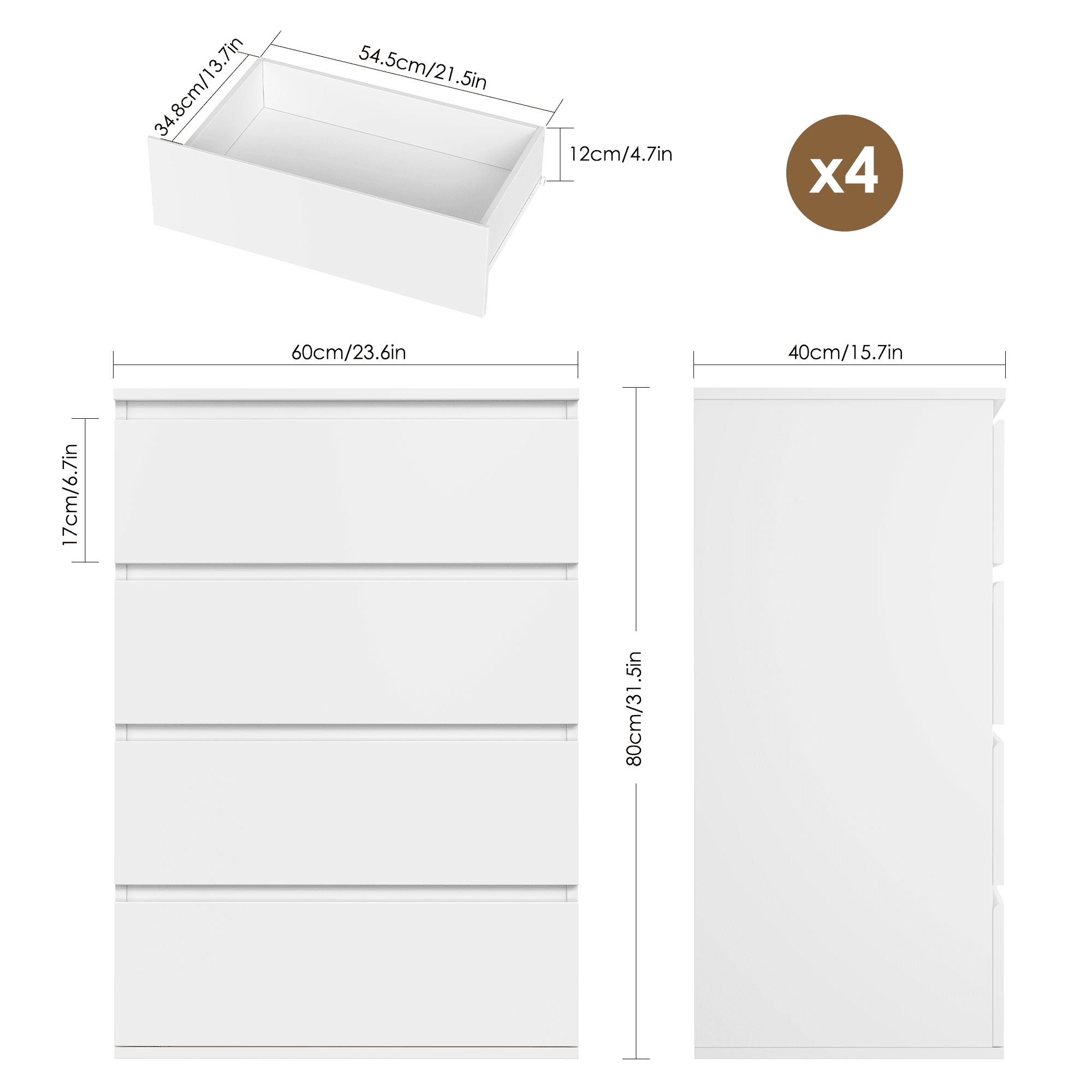 Homfa 4 Drawer White Dresser, Modern Storage Cabinet for Bedroom, Chest of Drawers Wood Organizer for Living Room