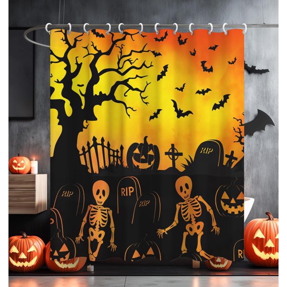 Halloween Shower Curtain Skeleton Pumpkin And Bat Spooky Graveyard Bathroom Decor Fabric with Hooks 71x71 inches