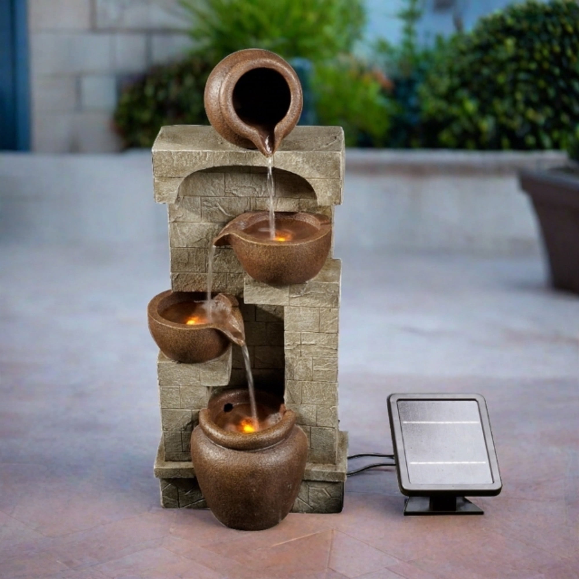 Teamson Home 4-Tier Outdoor Water Fountain with Cascading Bowls, Stacked Stone & Solar LED Lights