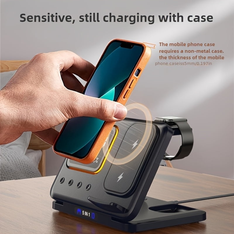 5 in 1 wireless charger, integrating night light, time and temperature display and ambient light, compatible with Apple mobile phones and watches, providing convenient charging.