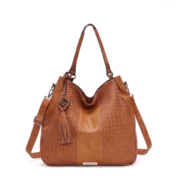 Capamaster Women’s Woven Faux Leather Hobo Bag with Tassel and Crossbody Strap Brown