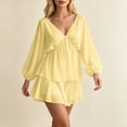 thumbnail image 4 of Women's V Neck Puff Long Sleeve Tiered Ruffle Mini Dress, Solid Elastic Waist Flowy Chiffon Summer Swing Short Dress Yellow XL(XL), 4 of 5