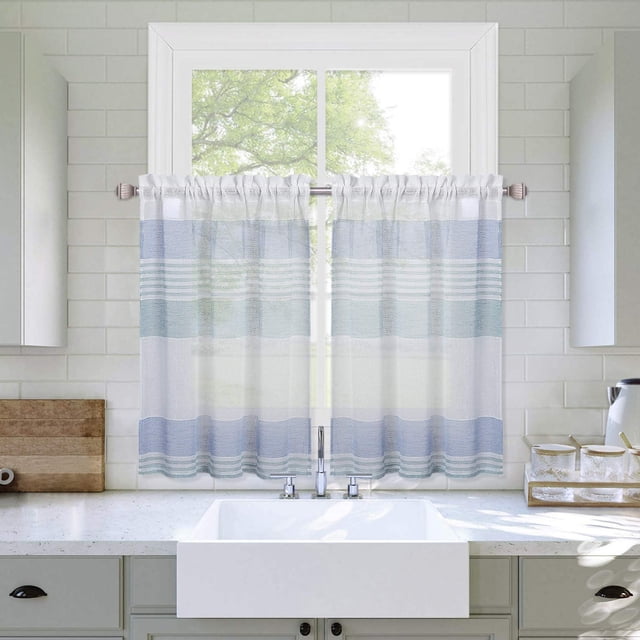 Cortinas transparentes para cocina, diseño de rayas empalmadas, para baño, de lino bouclé teñido en hilo, con textura rústica, para cocina, cafetería, 68 cm de ancho x 61 cm de largo, verde salvia,
