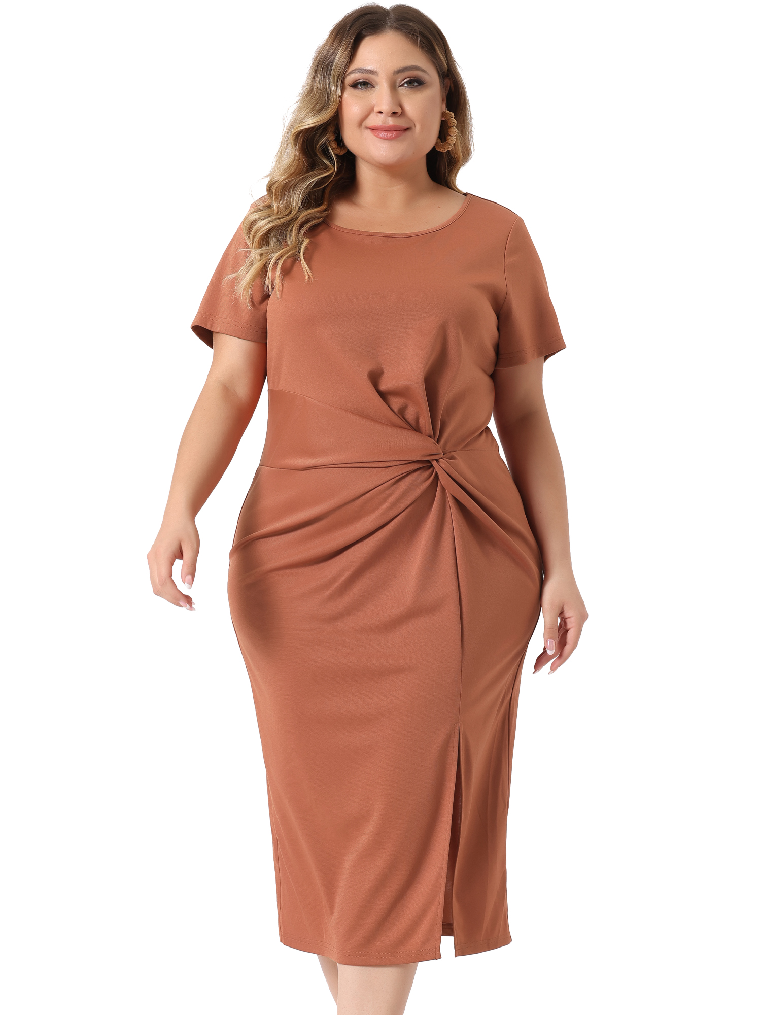 DARING DIVA Women's Plus Size Knot Front Short Sleeve Side Split Dresses 2X Orange