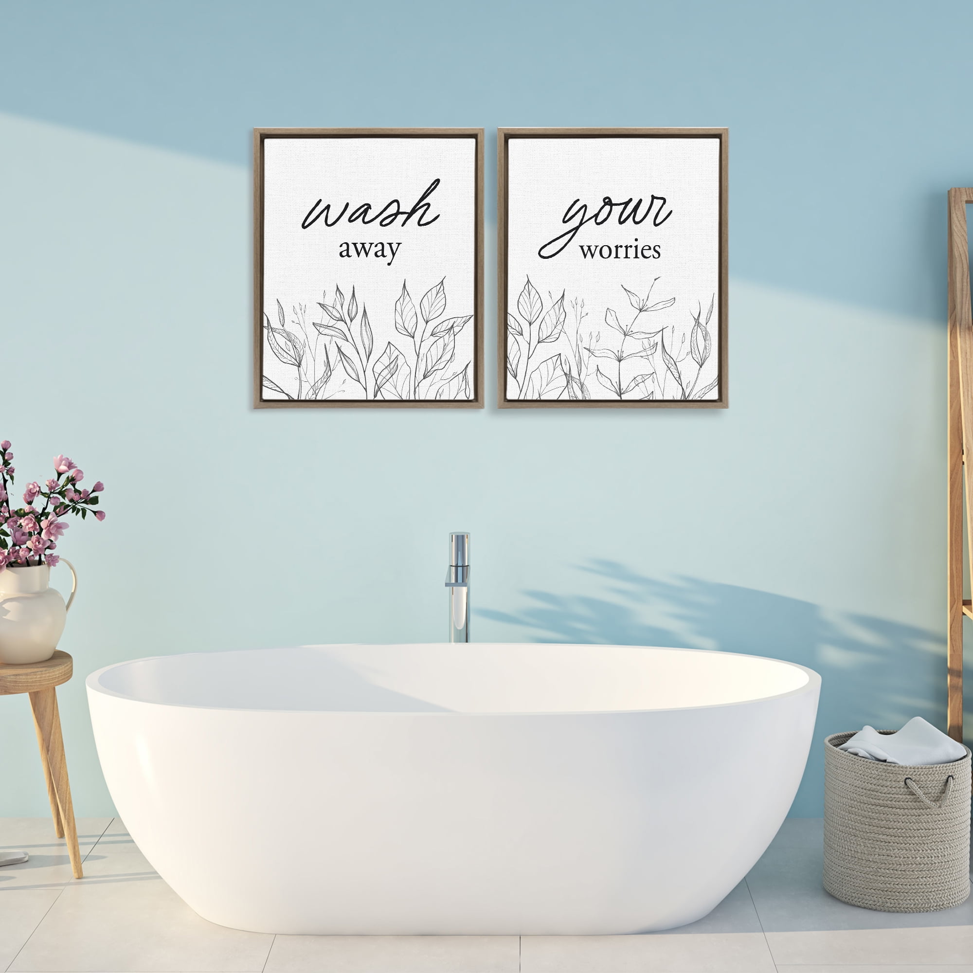 Wash Away Worries Minimalist Leaves 2 Piece Brown Framed Floater Canvas Set, design by Lettered and Lined