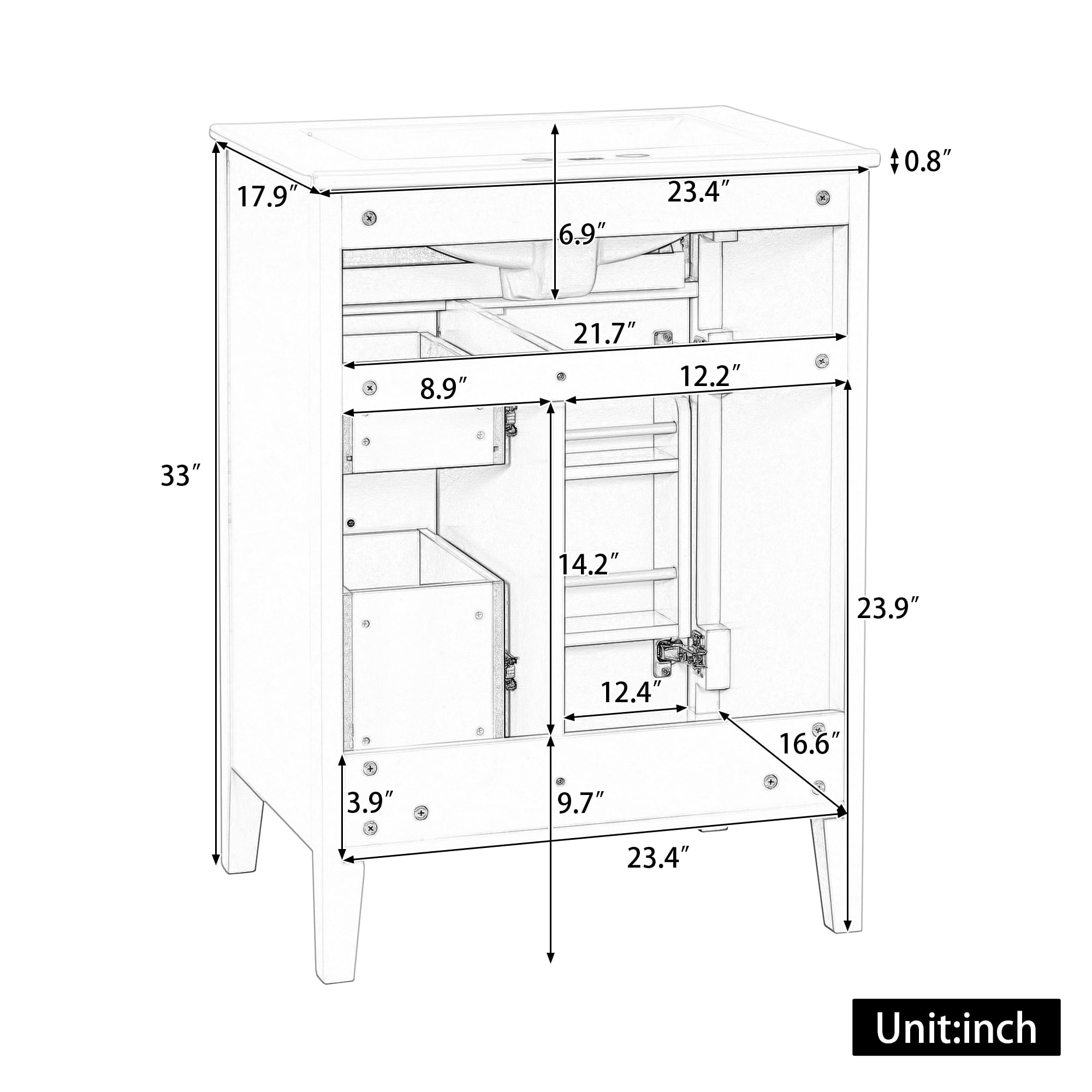24" Bathroom Vanity with Sink, MDF & Rubberwood Construction, 3 Drawers & Cabinet with 2-Tier Door Storage Rack, Soft-Close Door & Drawers, Modern Design for Small to Medium Bathrooms