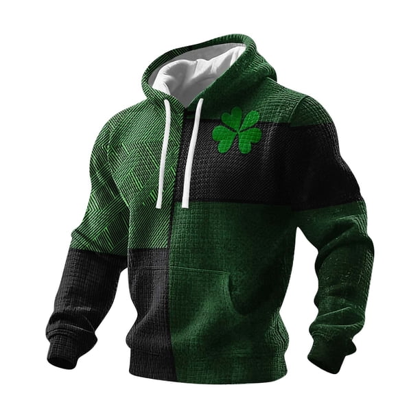 Ceisia Men's St. Patrick's Day Graphic Hoodie Casual Pullover | Textured Plaid Color-Block Clover Dark Green Relaxed Hooded Top Gifts