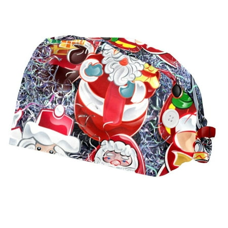 

2PCS Working Cap with Buttons and Sweatband Adjustable Tie Back Hats Bouffant Caps Christmas Scrub Turban Hat