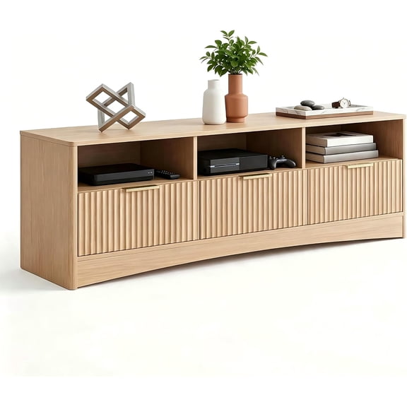 59 Inch TV Stand for TVs Up to 65 Inch, Modern Fluted Entertainment Center with 3 Drawers and Open Shelves, Wood Media Console for Living Room Bedroom