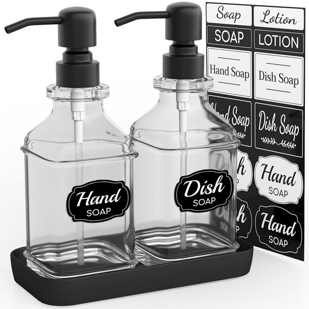 Dispensador de jabón LMQML, paquete de 2 unidades, vidrio grueso con bandeja de 360 ml