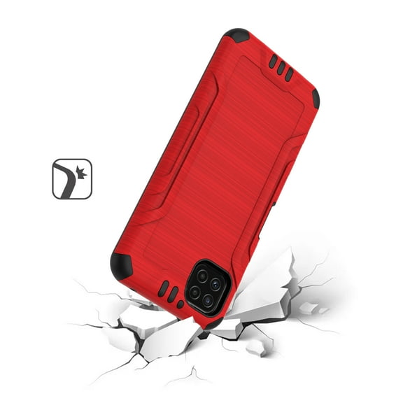 For Boost Mobile Celero 5G Hybrid Dual Layer Slim Defender Armor Tuff Metallic Brush Texture Finishing Shockproof Hard TPU Rubber Cover ,Xpm Phone Case [Red]