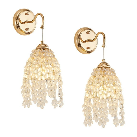 Gold Crystal Wall Sconces Set of 2 – Grape-Shaped Hanging Bead String Wall Lights with E12 Socket, Elegant Hardwired Wall Lamps for Living Room, Bedroom, or Hallway (Bulbs Not Included)