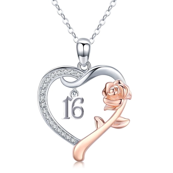 Coachuhhar 16 Year Old Birthday Gifts 925 Sterling Silver Love Heart Rose Flower Necklace 16th Jewelry Christmas Gifts for Women Girlfriend Sister