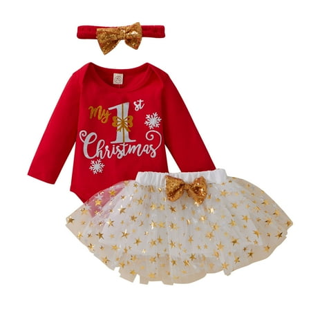

GWAABD Cute Girls Clothes Red Cotton Blend Girls Long Sleeve Letter Printed Romper Bodysuit Paillette Tulle Skirts Headbands Outfits 90