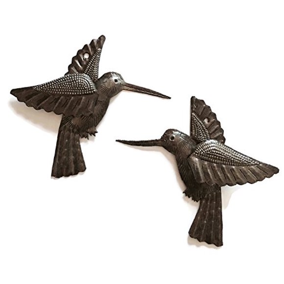 Hummingbirds, Nature Inspired Haitian Recycled Metal Drum Wall Art, Novelty Gift (set of 2) 6" x 5.5"